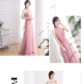 MAXI CỔ YẾM KẾT CƯỜM MÀU HỒNG