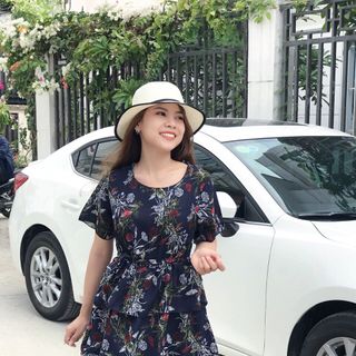 Đầm voan 3 tầng thanh lịch họa tiết hoa màu xanh đen
