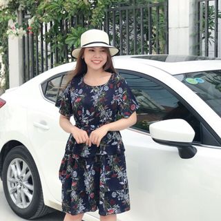 Đầm voan 3 tầng thanh lịch họa tiết hoa màu xanh đen