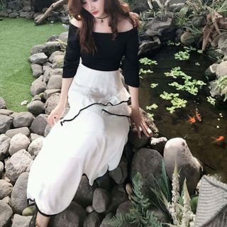 Đầm maxi trễ vai cột nơ 2 kiểu trước sau
