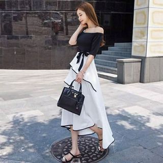 Đầm maxi trễ vai cột nơ 2 kiểu trước sau giá sỉ