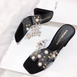 Dép gót cao quai đính châu