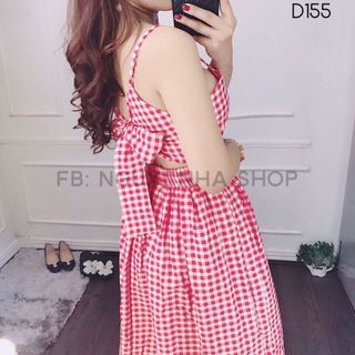 Đầm caro cột nơ sau