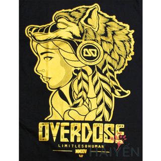 Áo thun Bigsize OverDose Thái Lan màu đen in cô gái đội nón sói nhũ vàng T0076