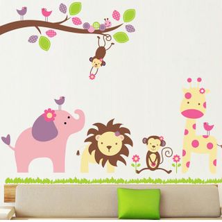 Decal dán tường Voi Sư Tử Khỉ Hươu
