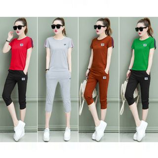 Set bộ lửng xanh lá logo da viền sọc tay