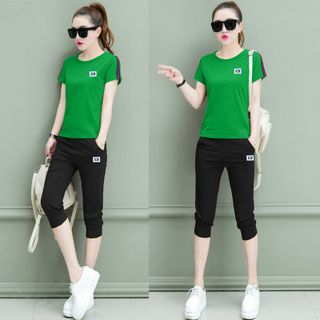 Set bộ lửng xanh lá logo da viền sọc tay