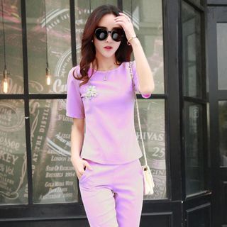 Set bộ lửng đính 3 hoa tím thời trang có size XXL giá sỉ