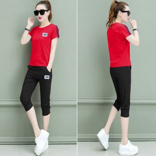 Set bộ lửng đỏ logo da viền sọc tay