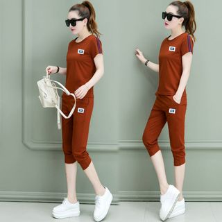 Set bộ lửng màu ngói logo da viền sọc tay