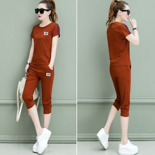 Set bộ lửng xám logo da viền sọc tay