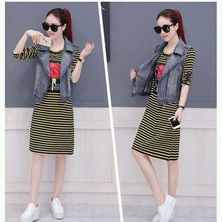 Đầm suông sọc cổ tròn thời trang
