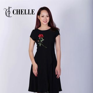 Đầm xòe cộc tay vạt chồng đính hoa