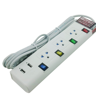 Ổ cắm điện Thái Lan 3 ổ cắm đa năng 3 công tắc có nắp che bảo vệ 2 cổng USB dây dài 3m MU43