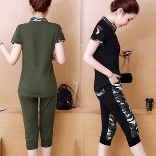Set bộ lửng lính màu rêu thêu chim ó