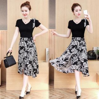 Đầm maxi xòe dự tiệc hoa biển nơ vai