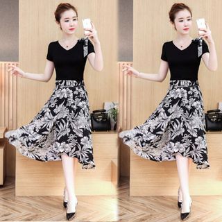 Đầm maxi xòe dự tiệc hoa biển nơ vai