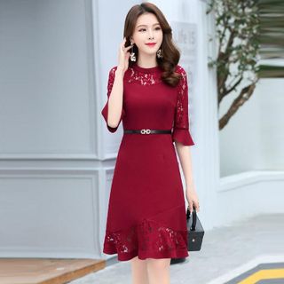 Đầm đỏ body dự tiệc phối ren đuôi cá