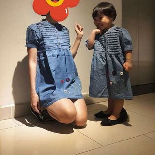 set mẹ bé jean mềm cổ trụ