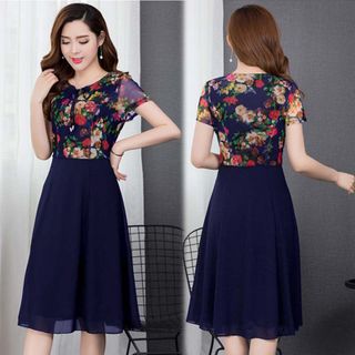 Đầm xòe chiffon xanh in hoa 3D phối ren cột nơ