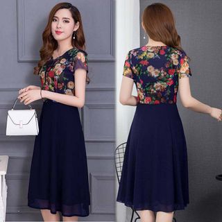 Đầm xòe chiffon xanh in hoa 3D phối ren cột nơ