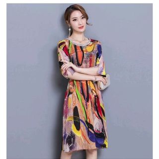 ĐẦM SUÔNG RÚT EO HỌA TIẾT MÀU PHỐI CƯỜM CỔ