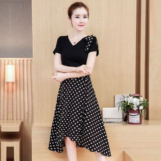 Đầm maxi xòe dự tiệc chấm bi nơ vai
