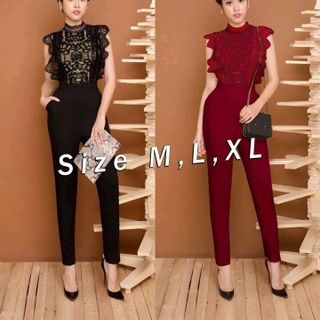 Jumsuit dài phối ren cổ lọ