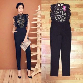 Jumsuit dài phối ren cổ lọ