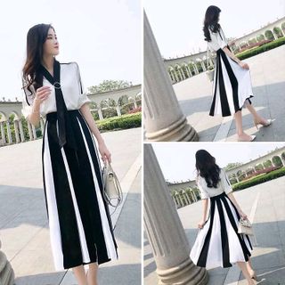 SET ÁO SƠ MI CỔ NƠ CHÂN VÁY SỌC