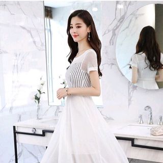 ĐẦM VINTAGE SỌC PHỐI LƯỚI TÙNG XOÈ