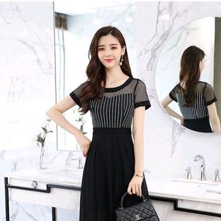 ĐẦM VINTAGE SỌC PHỐI LƯỚI TÙNG XOÈ