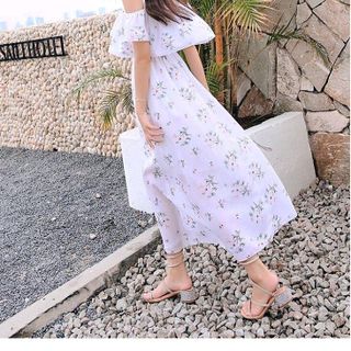 ĐẦM XÒE VOAN RỚT VAI IN HOA