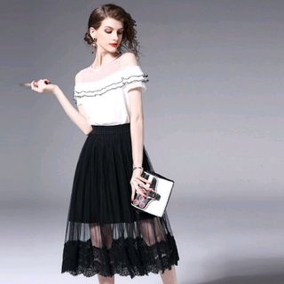 SET ÁO RỚT VAI CHÂN VÁY LƯỚI PHỐI REN