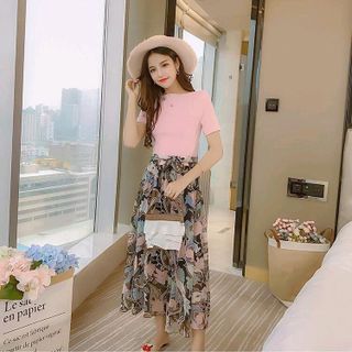 SET ÁO THUN RỚT VAI CHÂN VÁY XÒE IN HOA CỘT NƠ EO