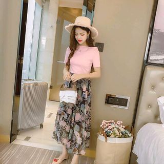 SET ÁO THUN RỚT VAI CHÂN VÁY XÒE IN HOA CỘT NƠ EO
