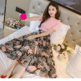 SET ÁO THUN RỚT VAI CHÂN VÁY XÒE IN HOA CỘT NƠ EO