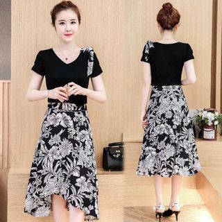 Đầm maxi xòe dự tiệc hoa biển nơ vai sành điệu