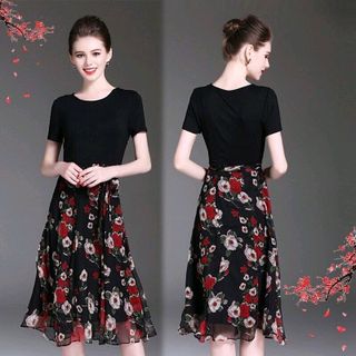 Đầm xòe vintage cổ tròn chiffon in hoa xuân