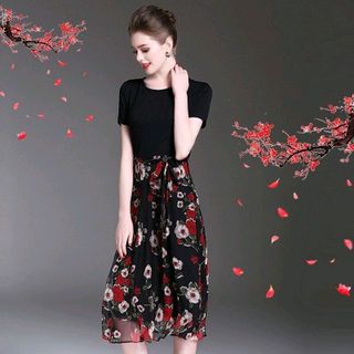 Đầm xòe vintage cổ tròn chiffon in hoa xuân