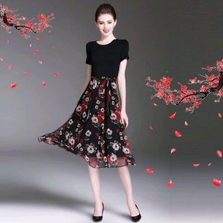 Đầm xòe vintage cổ tròn chiffon in hoa xuân