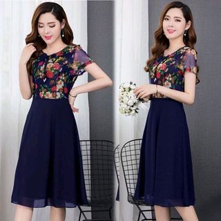 Đầm xòe chiffon xanh in hoa 3D phối ren cột nơ