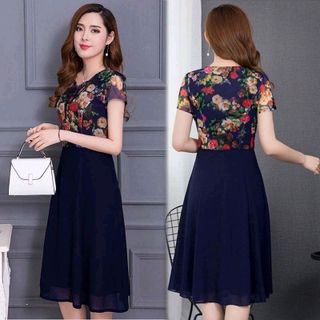Đầm xòe chiffon xanh in hoa 3D phối ren cột nơ