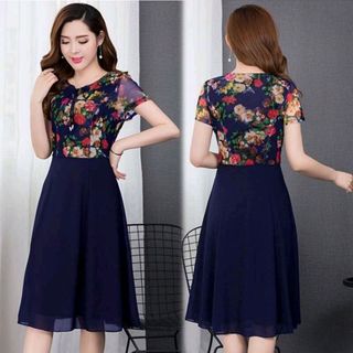 Đầm xòe chiffon xanh in hoa 3D phối ren cột nơ