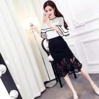 SET ÁO PHỐI REN BÈOCHÂN VÁY ĐUÔI CÁ PHỐI REN