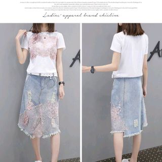 SET ÁO THUN CHÂN VÁY JEAN PHỐI REN KÈM BELT