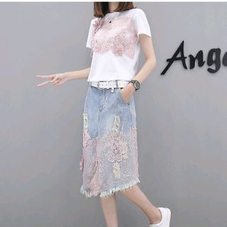 SET ÁO THUN CHÂN VÁY JEAN PHỐI REN KÈM BELT