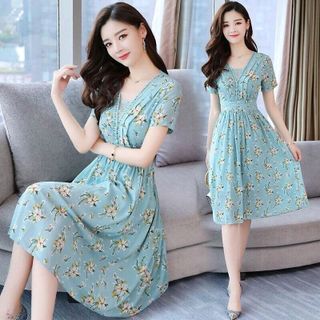 ĐẦM XOÈ HOA CỔ V PHỐI REN