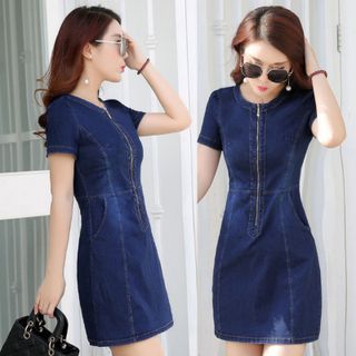 Đầm jean suông cổ tròn dây kéo trước