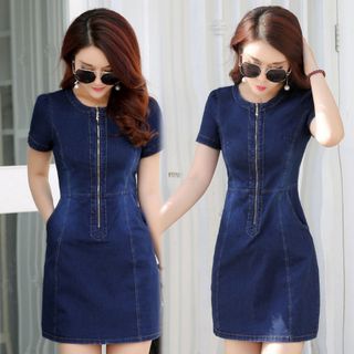 Đầm jean suông cổ tròn dây kéo trước
